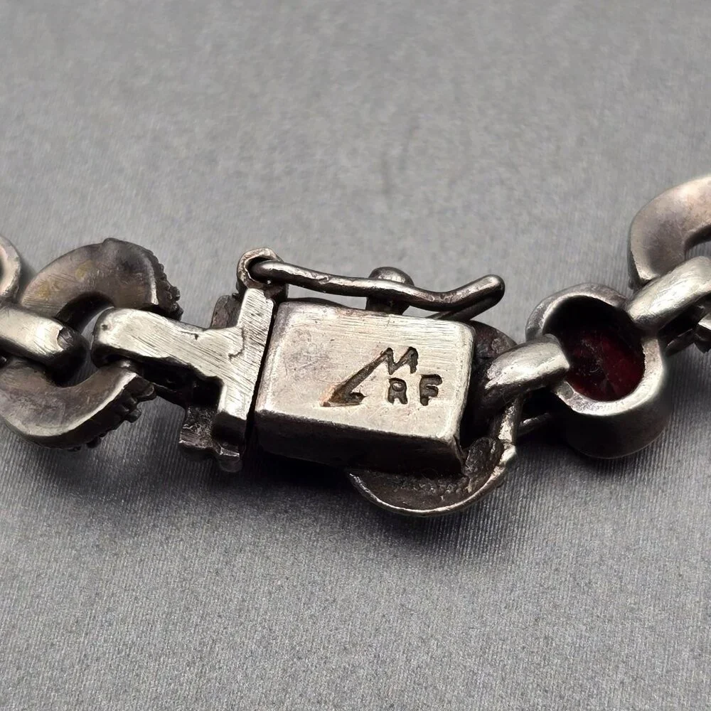 VTG Sterling Silver Garnet & Marcasite Link Bracelet 7.5" RF Hallmark Box Clasp - Picture 8 of 14